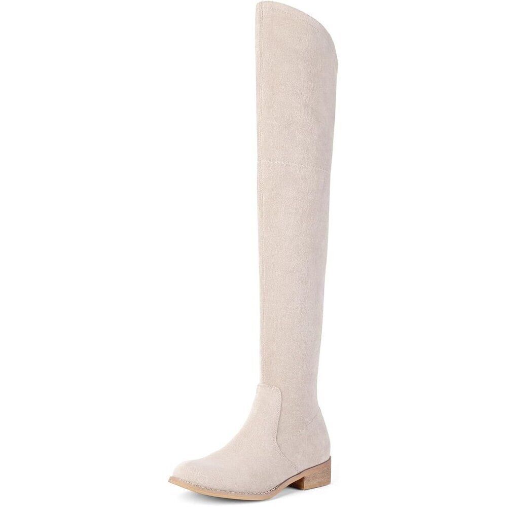 Women Beige Faux Suede Over The Knee Thigh High Low Block Heel Pointed Toe Boot